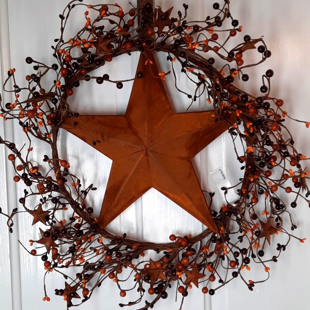 Wreath Rust Metal Star Stars Seed Berry Urban Farmhouse Tan Dark Brown Wall Door
